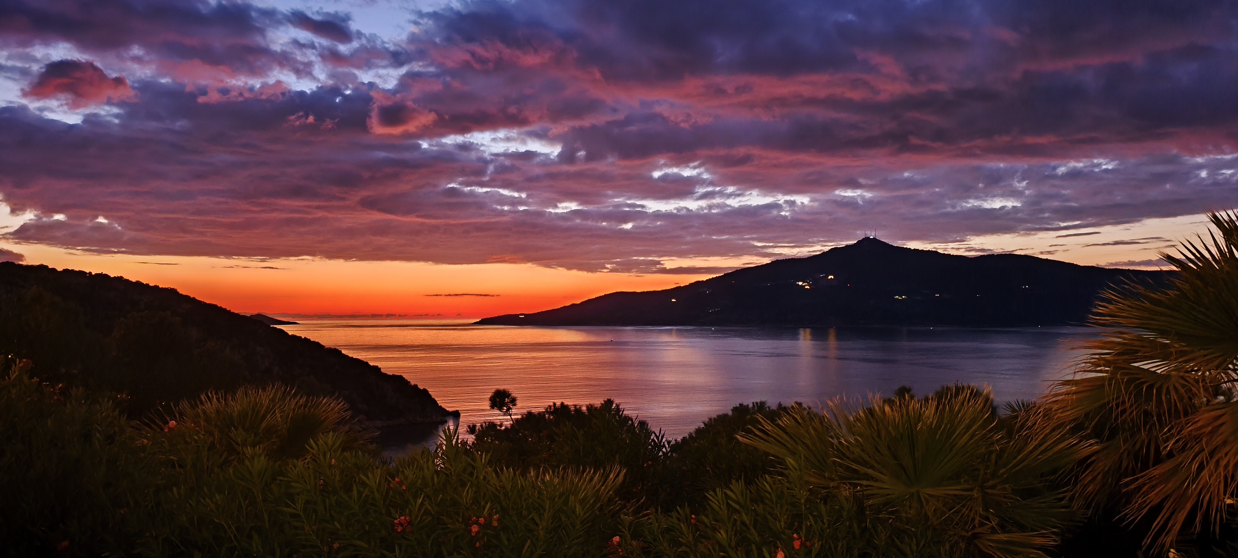 The coastline at sunset.
